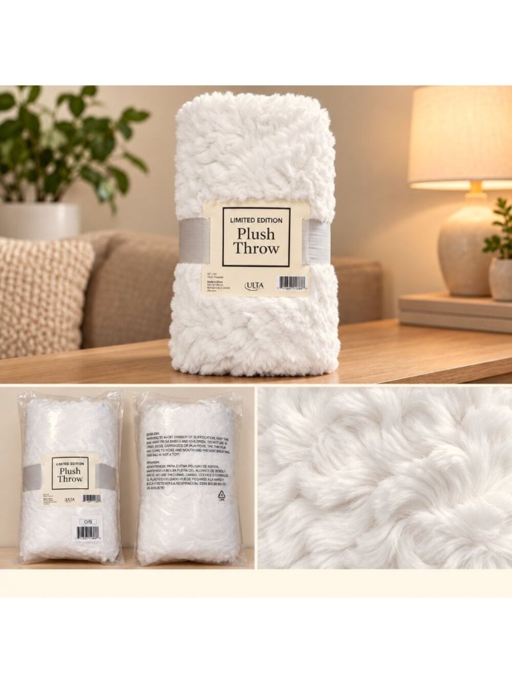 NEW Ulta Beauty Limited Edition Plush Throw Blanket Cream White Ivory 50"x60"